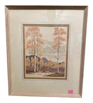 1940s "Autumn Aspens" Landscape Woodblock Print by Glenn Wheete, Framed