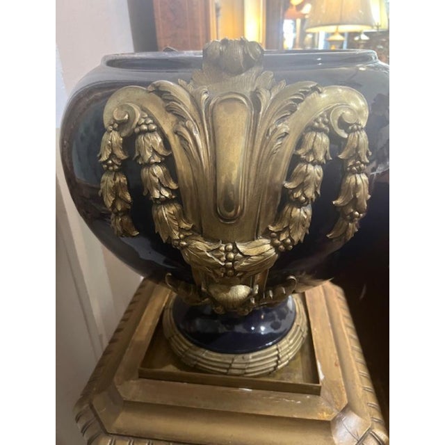 Mid 19th Century Antique Ceramic Blue Vase on Stand With Brass Motifs For Sale - Image 5 of 7