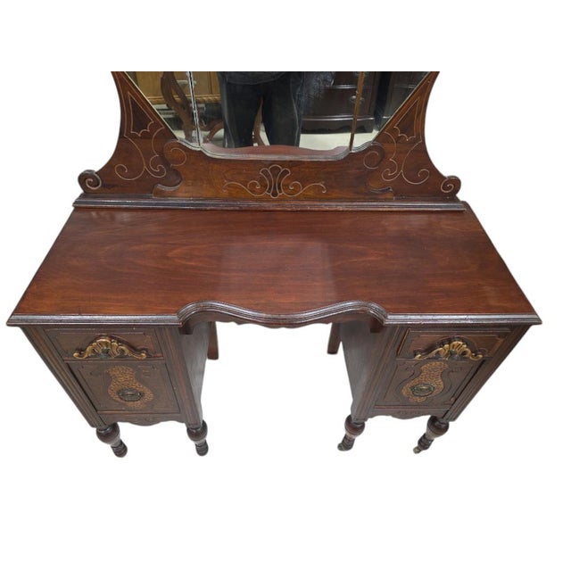Antique Victorian Inlaid Mahogany Vanity W/ Tri-Fold Mirror, Refinished Top For Sale - Image 6 of 10