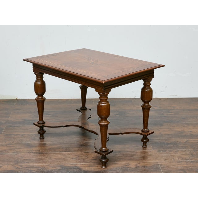 Italian Walnut Table with Star Inlay and Turned Legs, 19th Century For Sale - Image 9 of 12