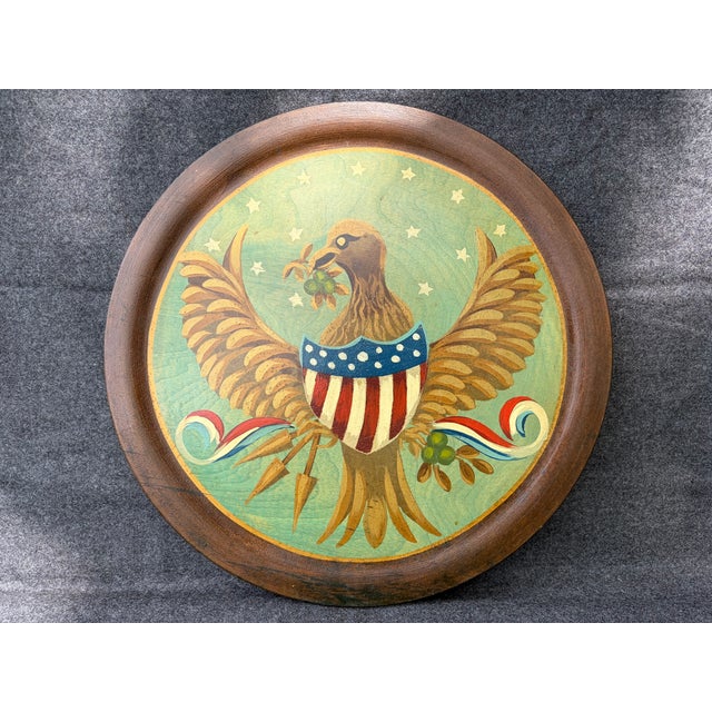 Vintage Round Wooden Hand Painted Eagle With Shield Wall Decor For Sale In New York - Image 6 of 13