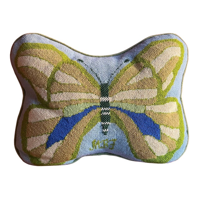 Mid-Century Modern Needlepoint Butterfly Pillow For Sale