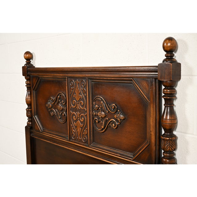 Wood Berkey & Gay Style Antique English Jacobean Carved Walnut and Burl Wood Twin Size Bed, Circa 1920s For Sale - Image 7 of 13