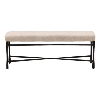 Upholstered Cream & Black Iron Bench For Sale