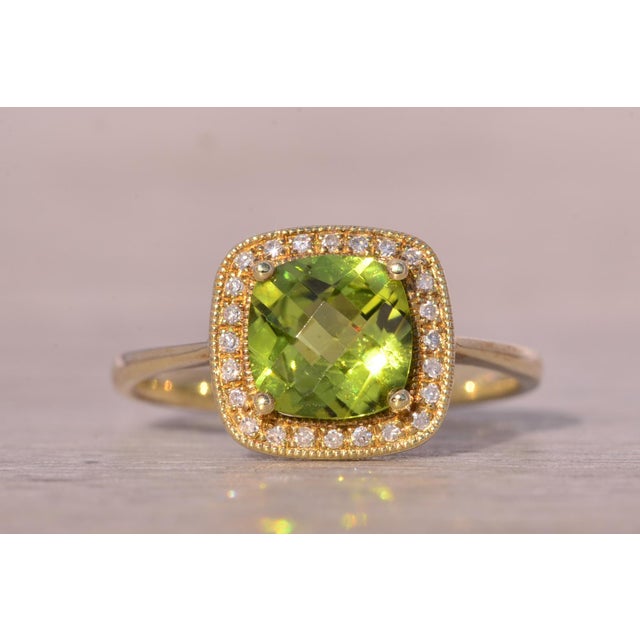 The Cryte: Checkerboard Peridot and Natural Diamond Halo Ring in Yellow Gold For Sale - Image 9 of 11