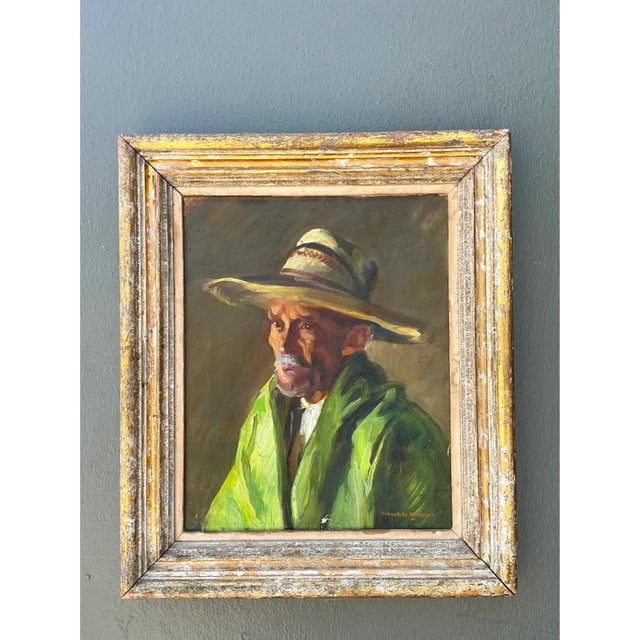 Vintage Framed Oil Painting of Man in Hat For Sale In West Palm - Image 6 of 12