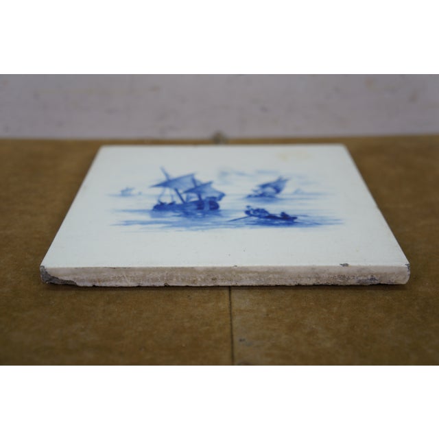 Antique Dutch Delft Cobalt Blue Nautical Maritime Rowboat Sailboats Ship Tile 6" For Sale - Image 6 of 11