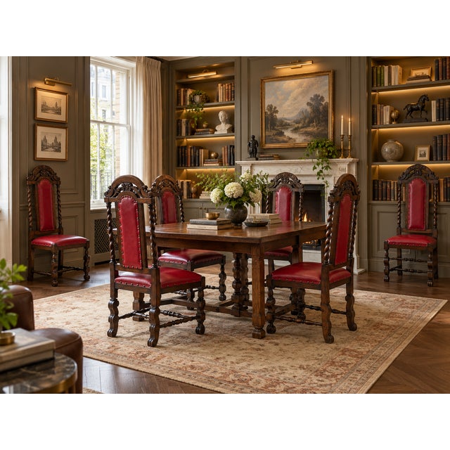 A handsome set of six antique Victorian carved oak dining chairs dating to around 1880, with wonderfully tall backs,...