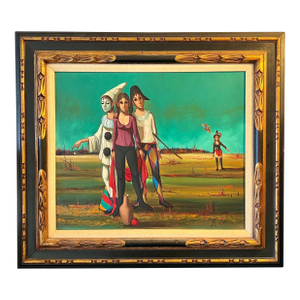 Jean Pierre SerrierFrench Mod Surrealist Commedia dell'arte Circus Scene Oil Painting J.P. Serrier, c.1950's-1960's