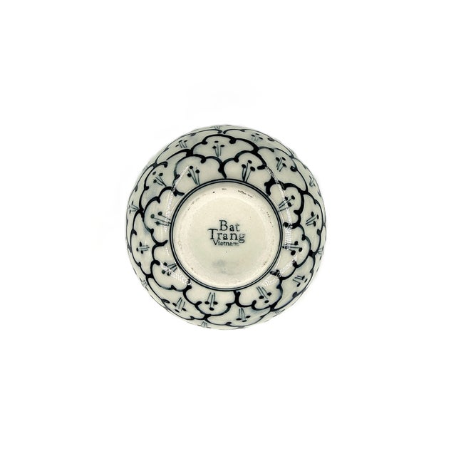 Set of 6 Bat Trang Vietnamese Ceramic Bowls Hand Painted in Blue Floral & Geometric Patterns For Sale - Image 4 of 18
