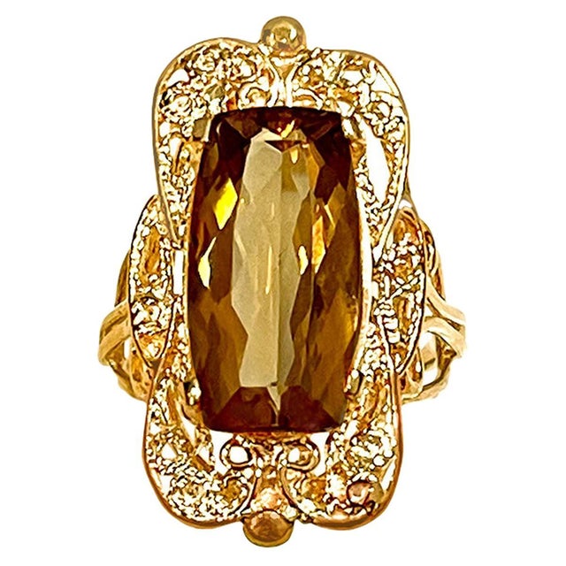 6 Carat Natural Long Cushion Shape Citrine Cocktail Ring in 14 Karat Yellow Gold For Sale - Image 15 of 18