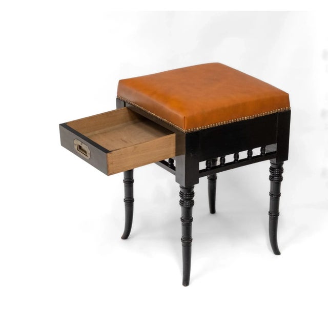 Aesthetic Movement Ebonised & Leather Piano Stool with Drawer, 1880s, in Very Good conditions. Designed before 1890