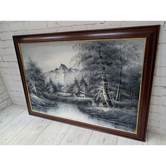 Large Oil Painting, Black & White Winter Landscape on Canvas, H. Gamlen, 1980 For Sale - Image 7 of 18