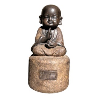 25" Oriental Chinese Zen Young Monk Siting Meditation Stone Statue For Sale