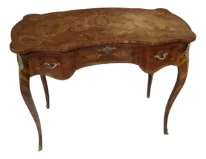 Inlaid Wood and Bronze Floral Marquetry Table with Drawers