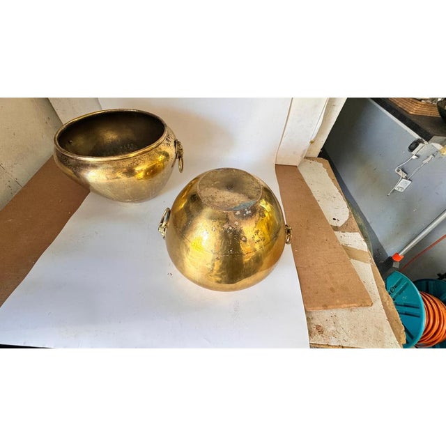 Gold French Brass Cache-Pots with Lion Head Ornaments and Ring Handles, 1950s, Set of 2 For Sale - Image 8 of 18