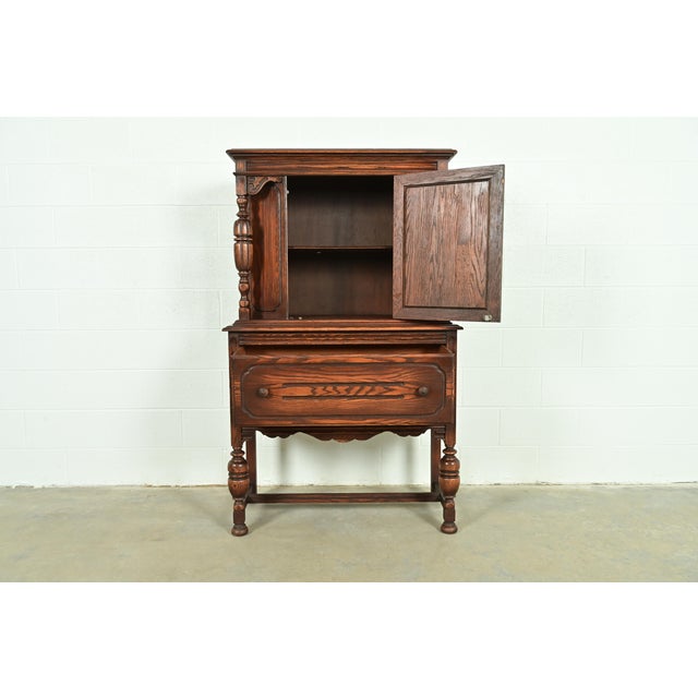 1920s Berkey & Gay Style Antique English Jacobean Carved Oak Bar Cabinet, Circa 1920s For Sale - Image 5 of 16
