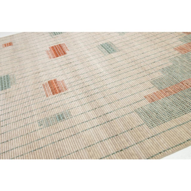 Modern Hand Loom Beige Wool Rug With Geometric Design For Sale - Image 9 of 11