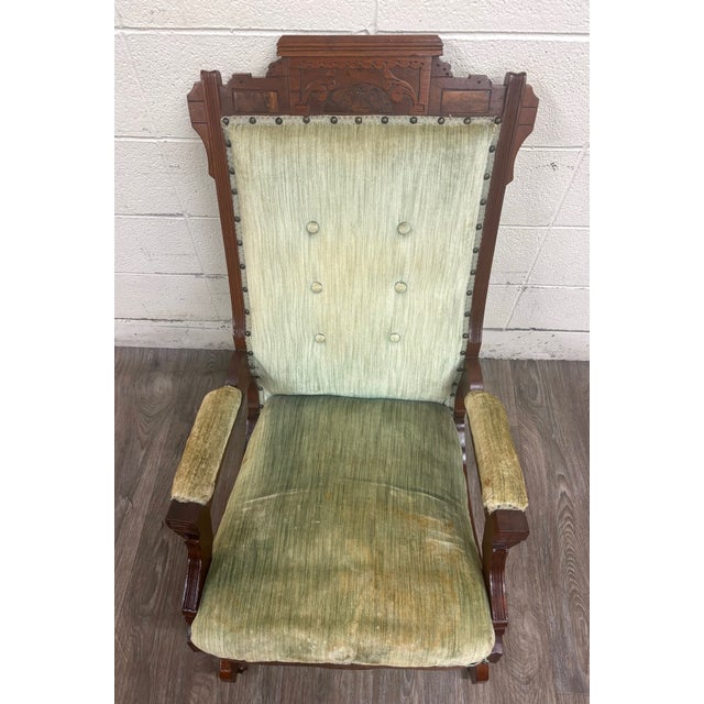 Victorian Antique Victorian Eastlake Carved Walnut Coil Spring Platform Rocking Chair For Sale - Image 3 of 11