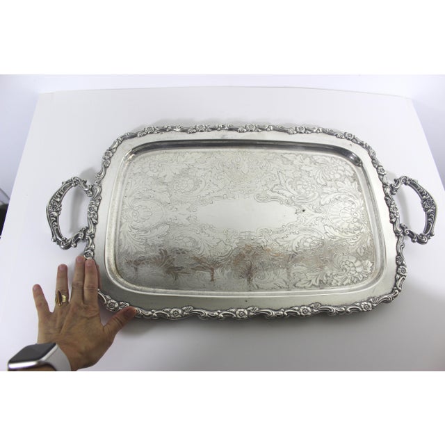 Extra Large Butler’s Tray Silver Plated Rectangular Platter Vintage Plate Ornate Floral Handles Embossed Serving For Sale - Image 11 of 15