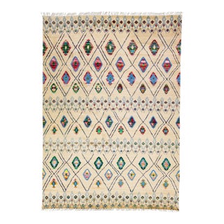 Modern Moroccan Style Handmade Beige Wool Rug With Tribal Design For Sale