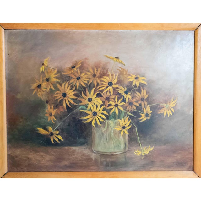 We are selling this interesting American still life painting. This still life has central bouquet of Black Eyed Susans in...