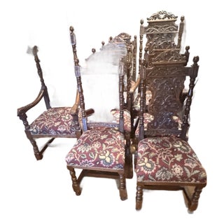 Late 19th Century Antique English Gothic Revival Carved High Back Dining Chairs – Set of 8 For Sale