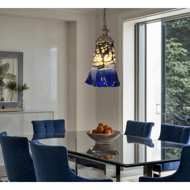 Dale Chihuly Vintage Fazzoletto Cobalt Blue Black Fenestrated Art Glass Pendant Light For Sale - Image 4 of 18