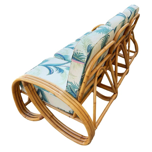 Wood 1950s Restored Mid-Century 3-Strand 3/4 Round Pretzel Arm Rattan Sectional 3-Seat Sofa For Sale - Image 7 of 9