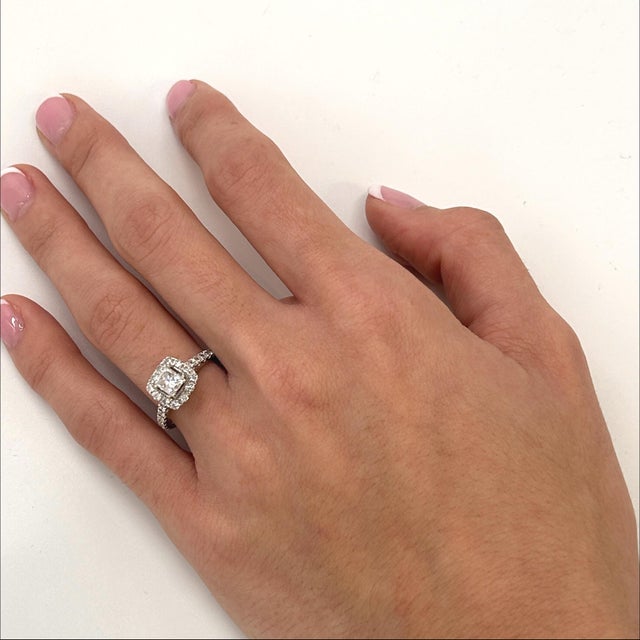 Early 21st Century 18k White Gold Halo Engagement Ring With 0.5ct Princess Cut Center - Size 5.25 For Sale - Image 5 of 5