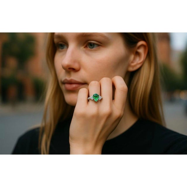 Modern Gia Certified Colombian Pear Emerald Diamond 3.35 Carat 18 Karat Gold Ring, Size 6.25 For Sale - Image 3 of 8