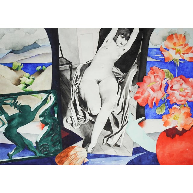 1989 Surreal Female Nude Flowers and Ocean Watercolor Painting For Sale In Seattle - Image 6 of 7
