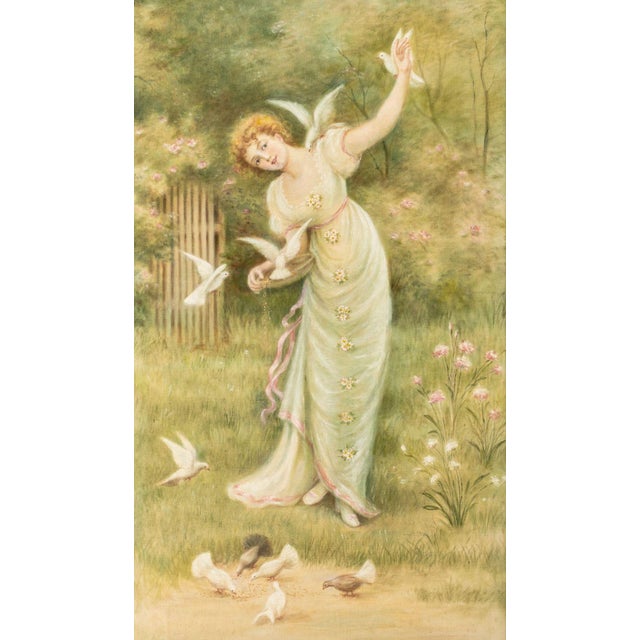 Continental School, Woman with Doves, Oil on Canvas, unsigned, wood frame. Image: 57.75" H x 33.5" W; frame: 60.75" H x...