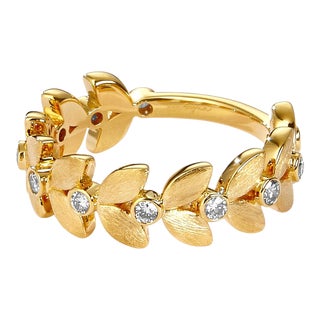 Syna Yellow Gold Satin Leaf Ring with Diamonds For Sale