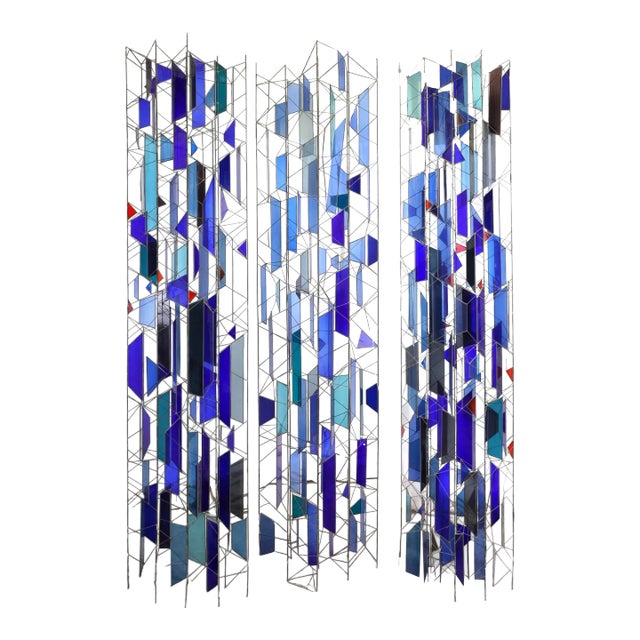 Mid 20th Century Sculptural Stained Glass Tri-Partite Screen, Room Divider, Blue, J. Ferguson Usa- Set of 3 For Sale