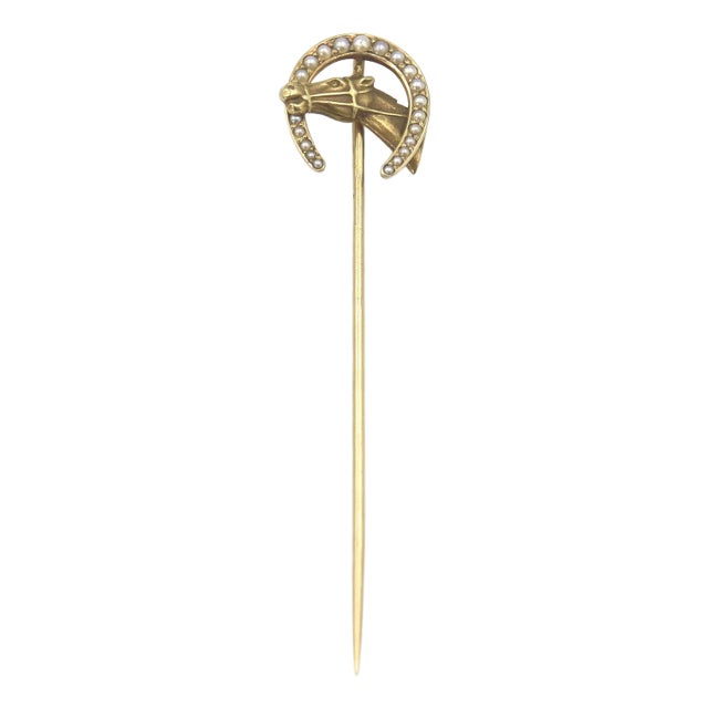Antique Victorian Horse Head on Lucky Horse Shoe Seed Pearl & Gold Stickpin Brooch For Sale