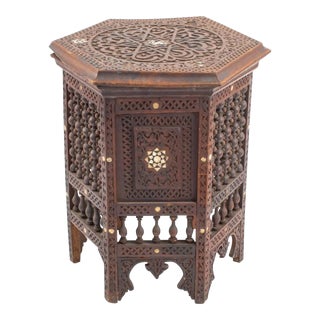 Moroccan Mother-Of-Pearl Inlaid Carved Wood Table For Sale