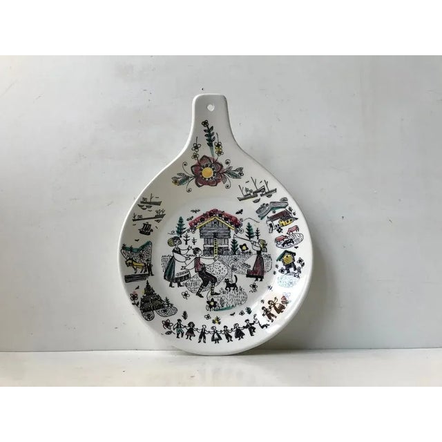 A rare hand painted silk screen dish/platter by Inger Waage. Moif: Micro-cosmos. Made at Stavangerflint in Norway during...