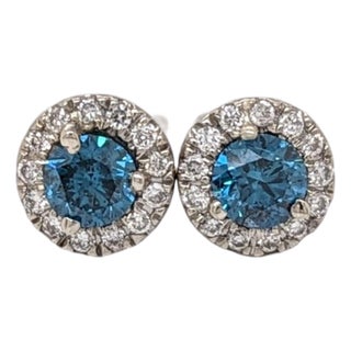 Blue Diamond Stud Earrings With Natural Diamonds in Solid 14k Gold: Round 3.5mm, Pair For Sale