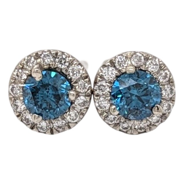 Blue Diamond Stud Earrings With Natural Diamonds in Solid 14k Gold: Round 3.5mm, Pair For Sale