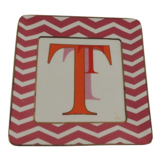 Square Orange and Red Ceramic Catchall Tray With Initials "T" For Sale