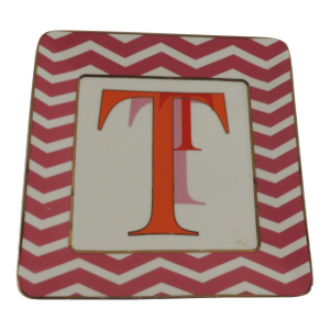 Square Orange and Red Ceramic Catchall Tray With Initials "T"