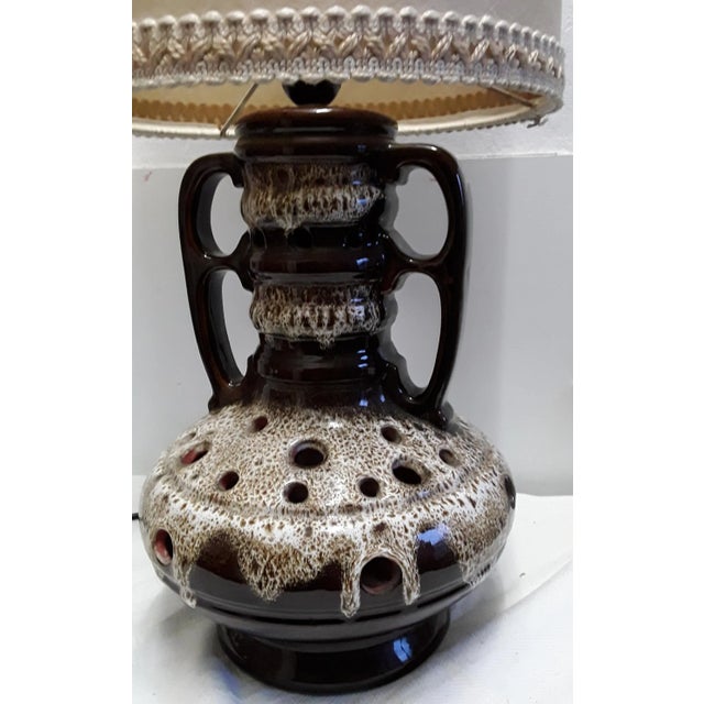 Vintage Fat Lava Style Ceramic Table Lamp with Beige Parchment Shade & Openwork Base with Interior Lighting, 1970s For Sale - Image 3 of 5