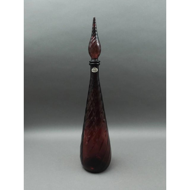 Guildcraft Italy MCM Amethyst Empoli Glass Decanter Genie Bottle. Measures approximately 4 3/4" diameter, 22 3/4" high...