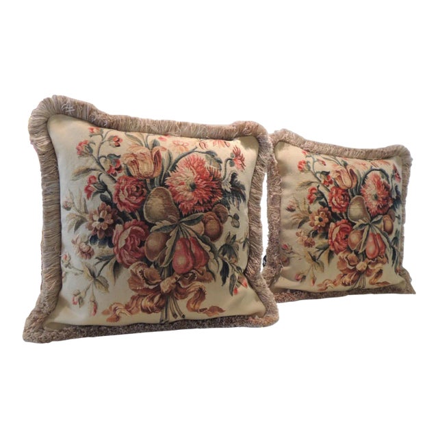 Vintage Aubusson Style Orange and Green Tapestry Square Decorative Pillows - Set of 2 For Sale