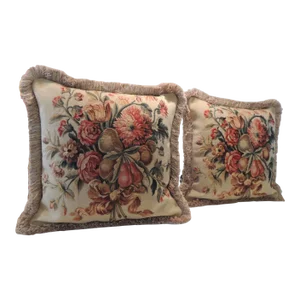 Vintage Aubusson Style Orange and Green Tapestry Square Decorative Pillows - Set of 2