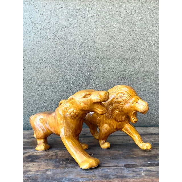Vintage Boho Glazed Ceramic Lions - Set of 2 For Sale - Image 4 of 7