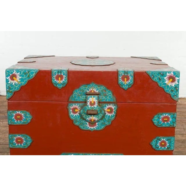 Wood Vintage Chinese Blanket Chest with Red Lacquer & Cloisonné Floral Décor For Sale - Image 7 of 13