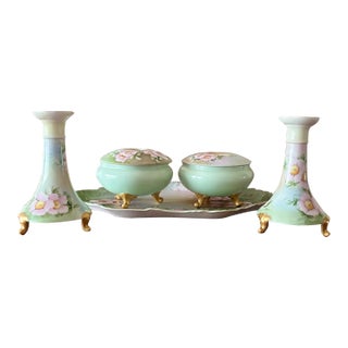 Antique William Guerin Limoges Hand-Painted Five-Piece Dresser Set – France C. 1900–1925 For Sale
