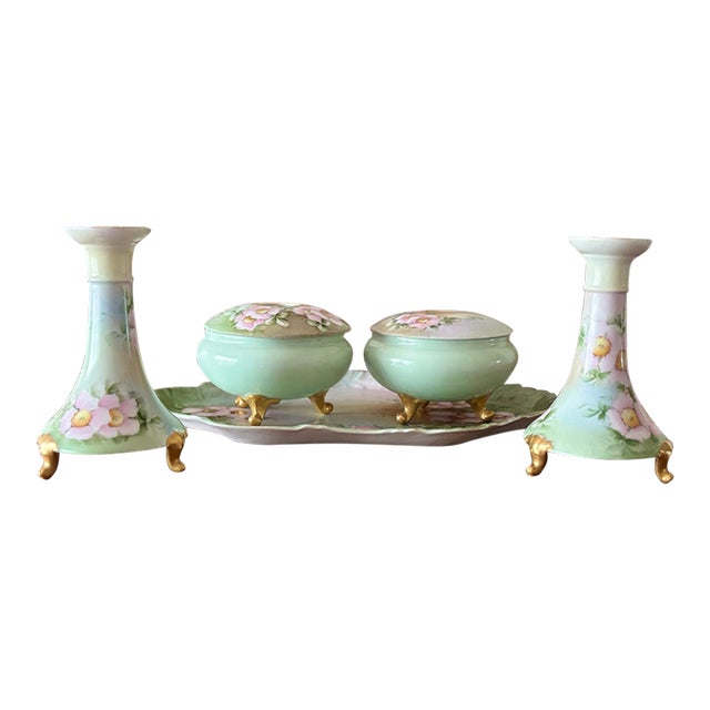 Antique William Guerin Limoges Hand-Painted Five-Piece Dresser Set – France C. 1900–1925 For Sale